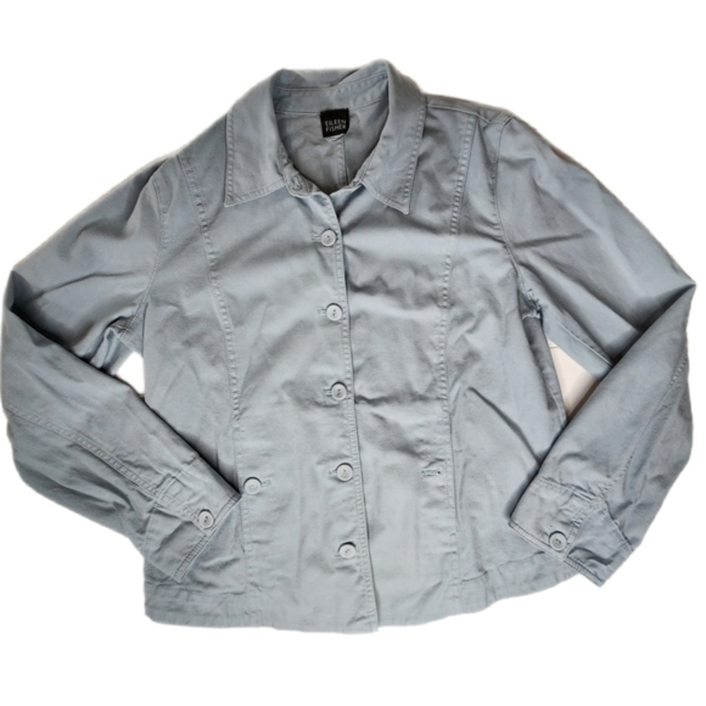 Eileen Fisher Blue Grey Collared Button Front Organic Cotton Casual Shacket